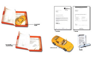 Werbung: Abbilung einer Mailing Box mit lackiertem Ferrari-Modellauto, dazu Werbebrief und Urkunde